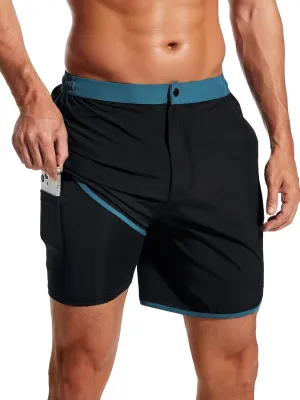 SILKWORLD Mens Swim Trunks Front Zipper Fly Quick Dry Beach Shorts with Compression Liner and Back Zipper Pockets