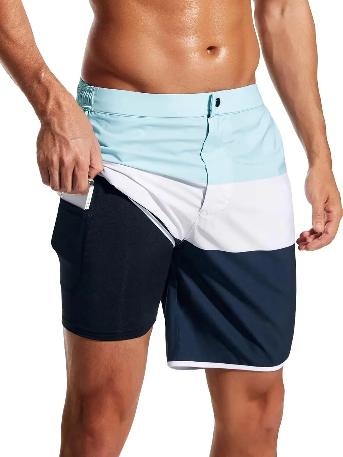 SILKWORLD Mens Swim Trunks Front Zipper Fly Quick Dry Beach Shorts with Compression Liner and Back Zipper Pockets
