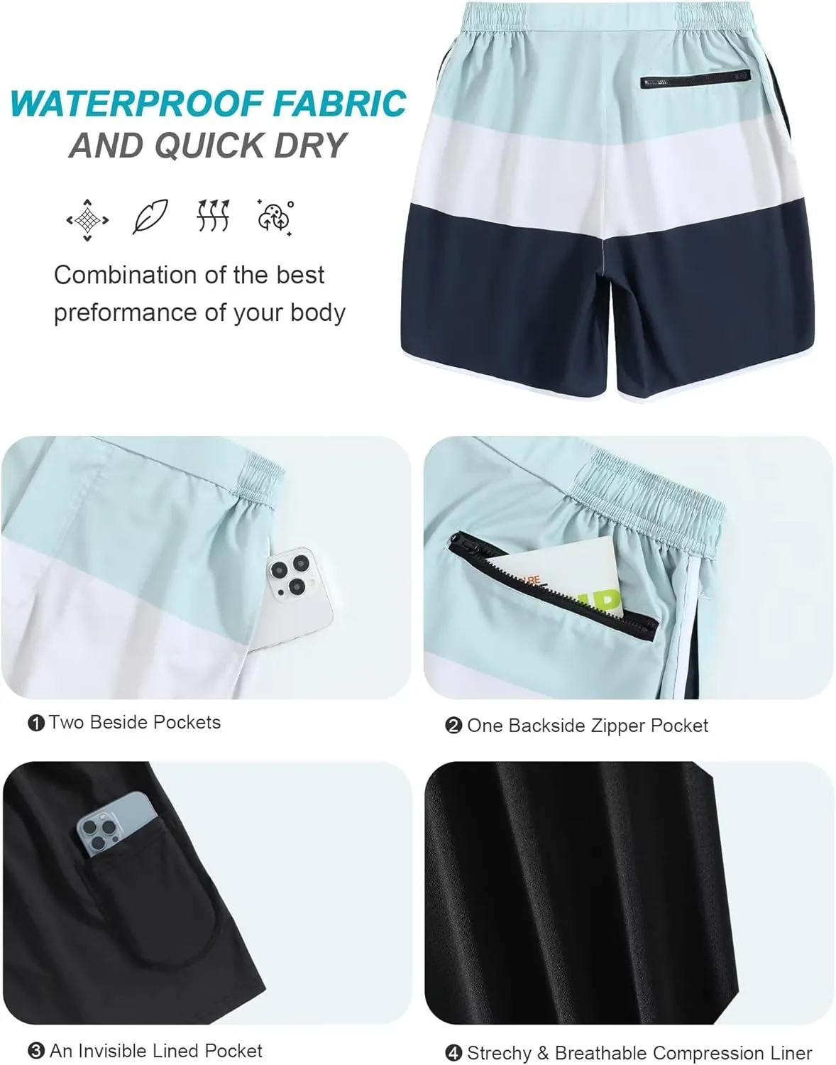 SILKWORLD Mens Swim Trunks Front Zipper Fly Quick Dry Beach Shorts with Compression Liner and Back Zipper Pockets