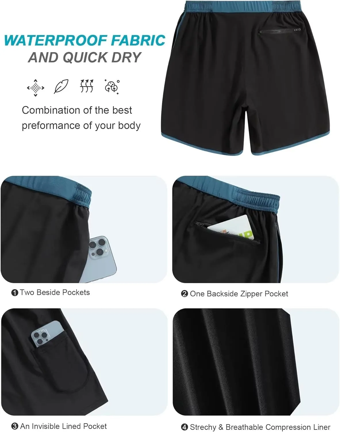 SILKWORLD Mens Swim Trunks Front Zipper Fly Quick Dry Beach Shorts with Compression Liner and Back Zipper Pockets