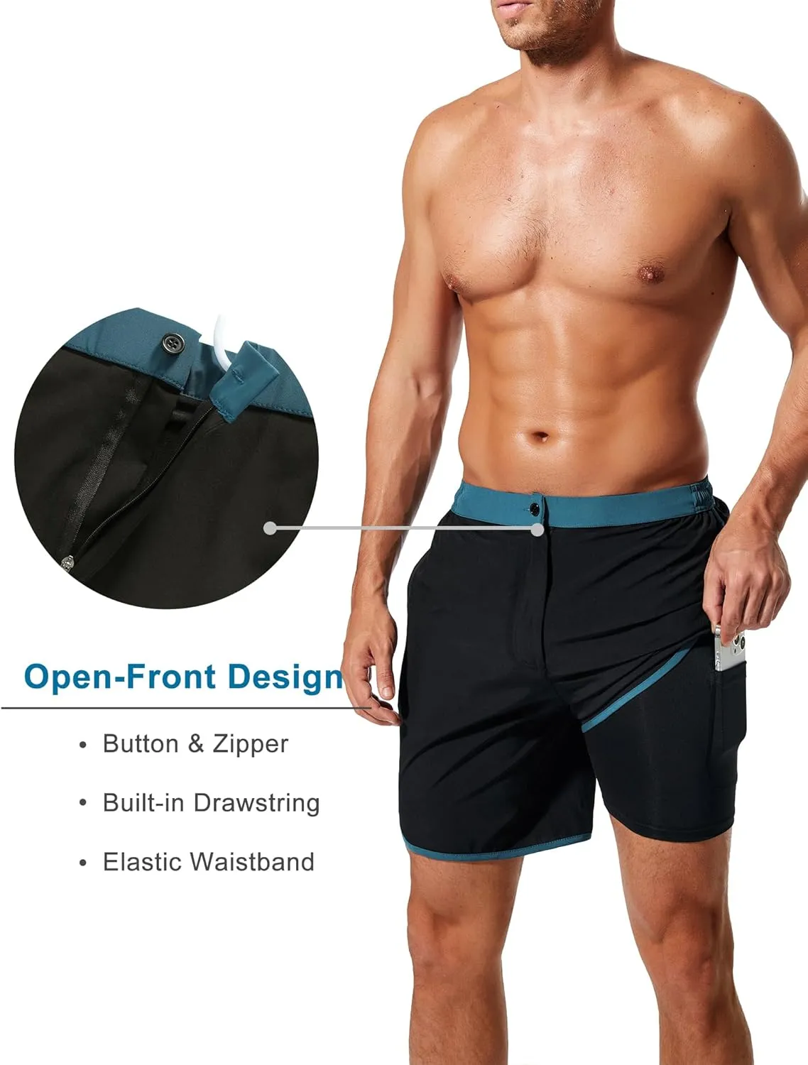 SILKWORLD Mens Swim Trunks Front Zipper Fly Quick Dry Beach Shorts with Compression Liner and Back Zipper Pockets