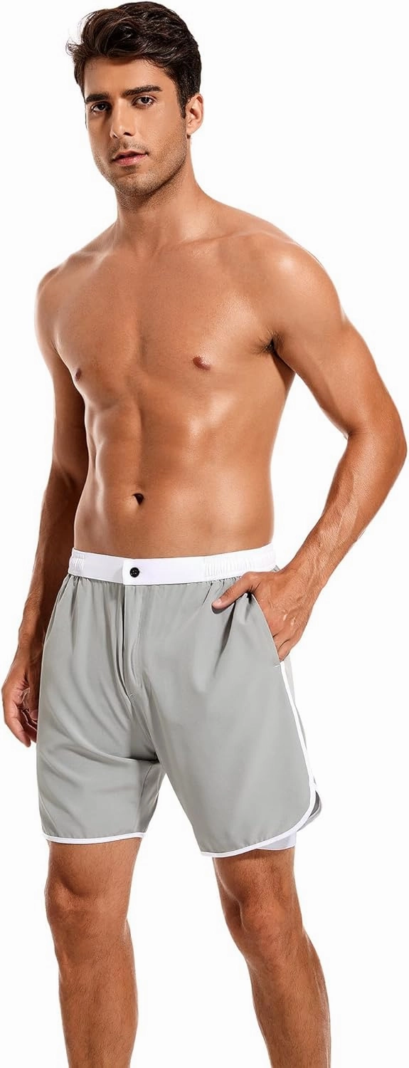 SILKWORLD Mens Swim Trunks Front Zipper Fly Quick Dry Beach Shorts with Compression Liner and Back Zipper Pockets