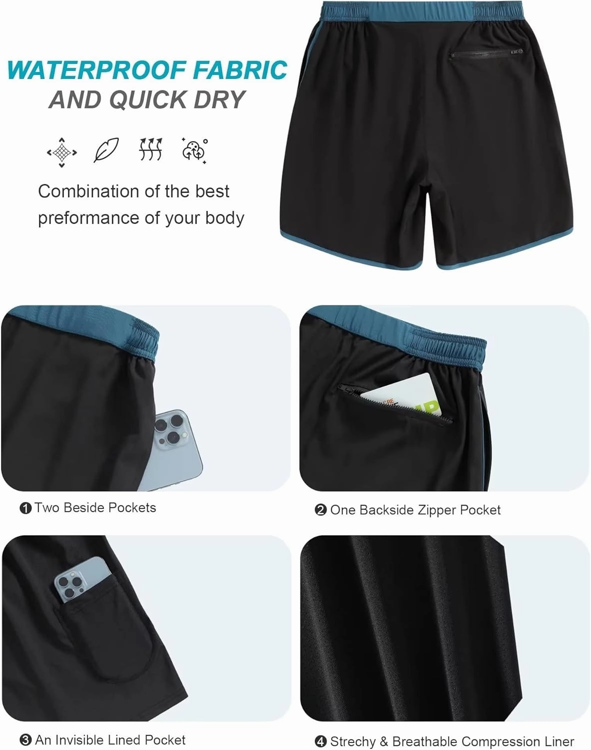 SILKWORLD Mens Swim Trunks Front Zipper Fly Quick Dry Beach Shorts with Compression Liner and Back Zipper Pockets