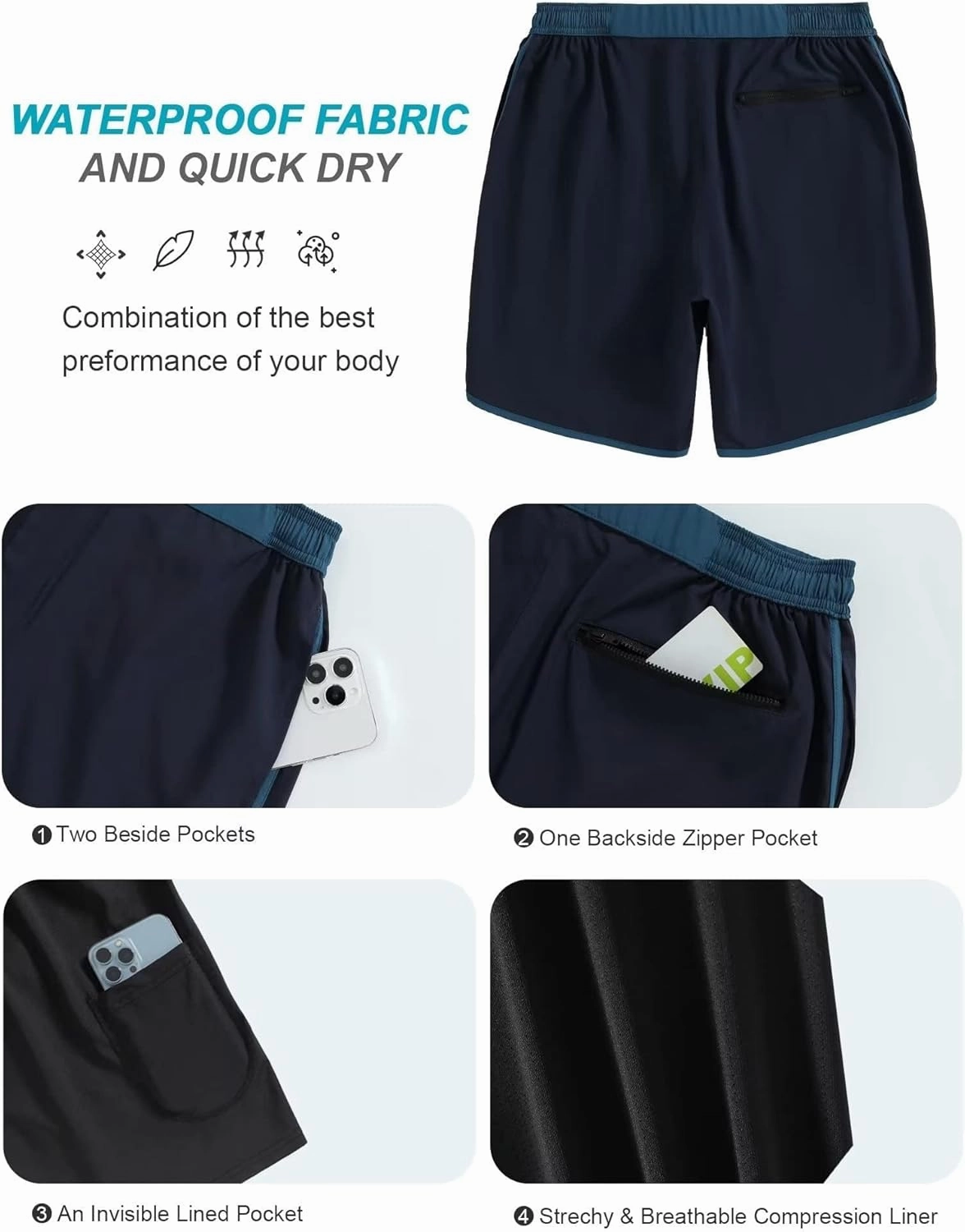SILKWORLD Mens Swim Trunks Front Zipper Fly Quick Dry Beach Shorts with Compression Liner and Back Zipper Pockets