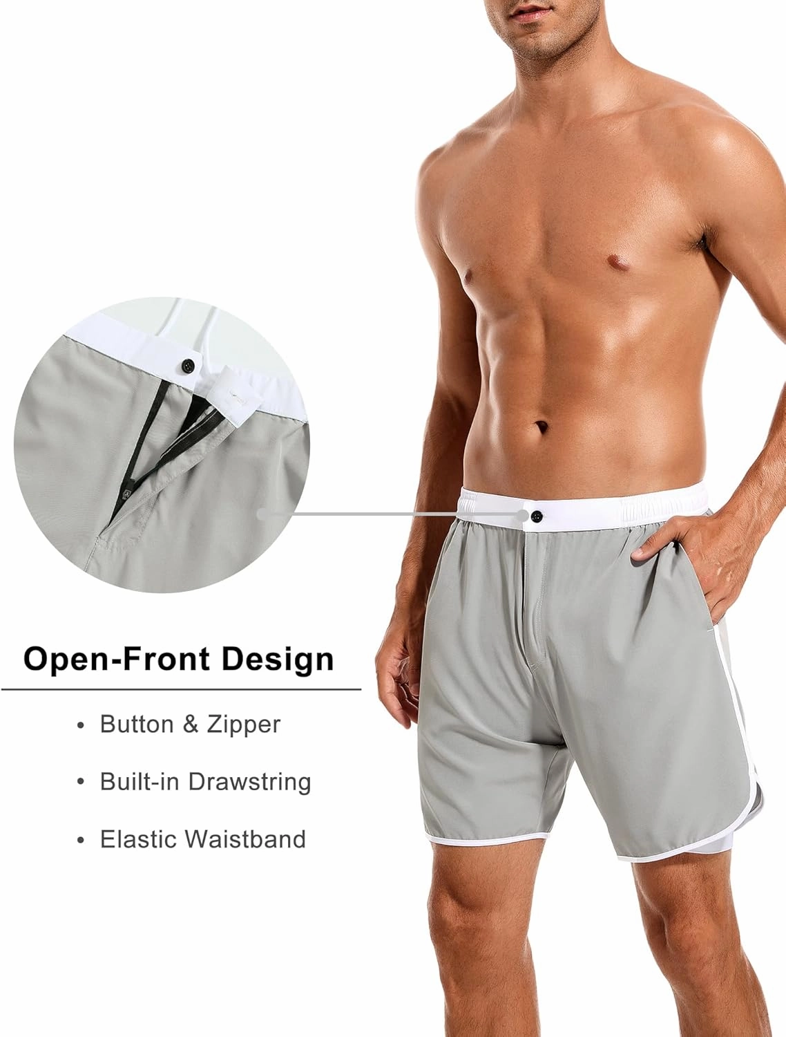 SILKWORLD Mens Swim Trunks Front Zipper Fly Quick Dry Beach Shorts with Compression Liner and Back Zipper Pockets