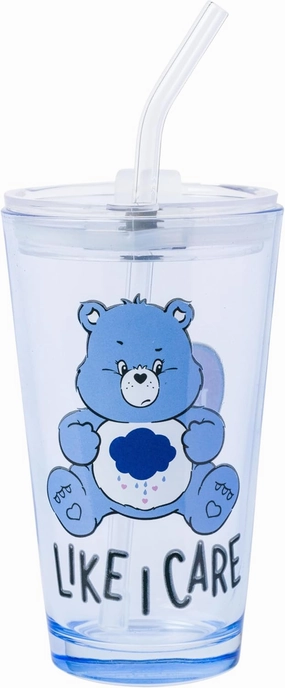 Silver Buffalo Care Bears Grumpy Like I Care 16oz Pint Glass w Lid and Glass Straw