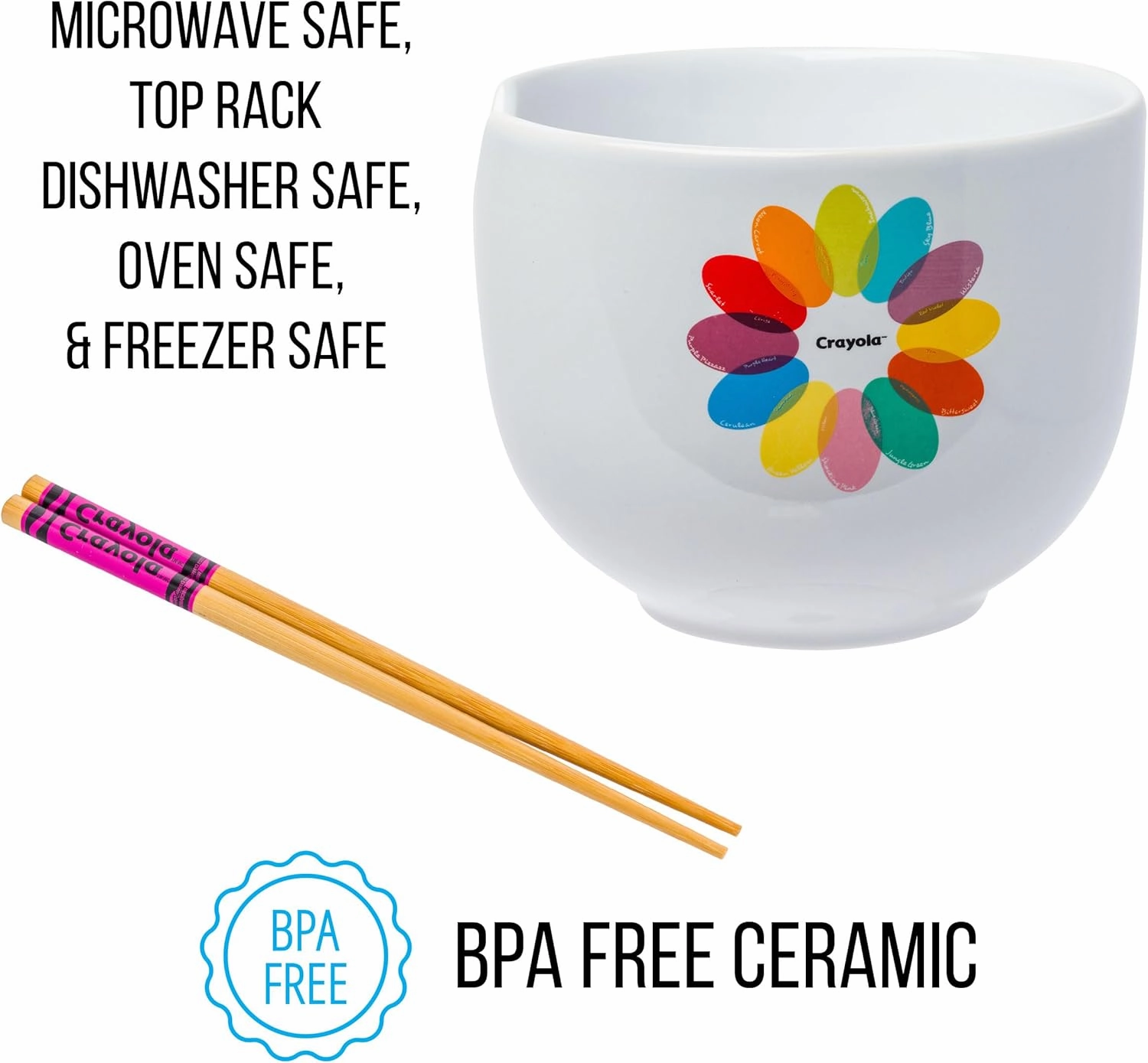 Silver Buffalo Crayola Logo Ceramic Ramen Noodle Rice Bowl with Chopsticks, Microwave Safe, 20 Ounces