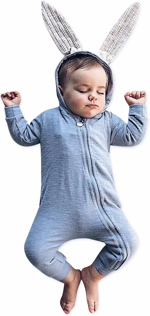 Simplee kids Animal Bunny Baby Easter Romper Long Ear Rabbit Hoodie Romper Jumpsuit with Zipper