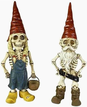 Skeleton Garden Gnomes Couple Red Hat Skull Statues, Horror Gnome Figurines Resin Ornaments Halloween Decorations for Indoor Outdoor (C/ 2 Pcs)