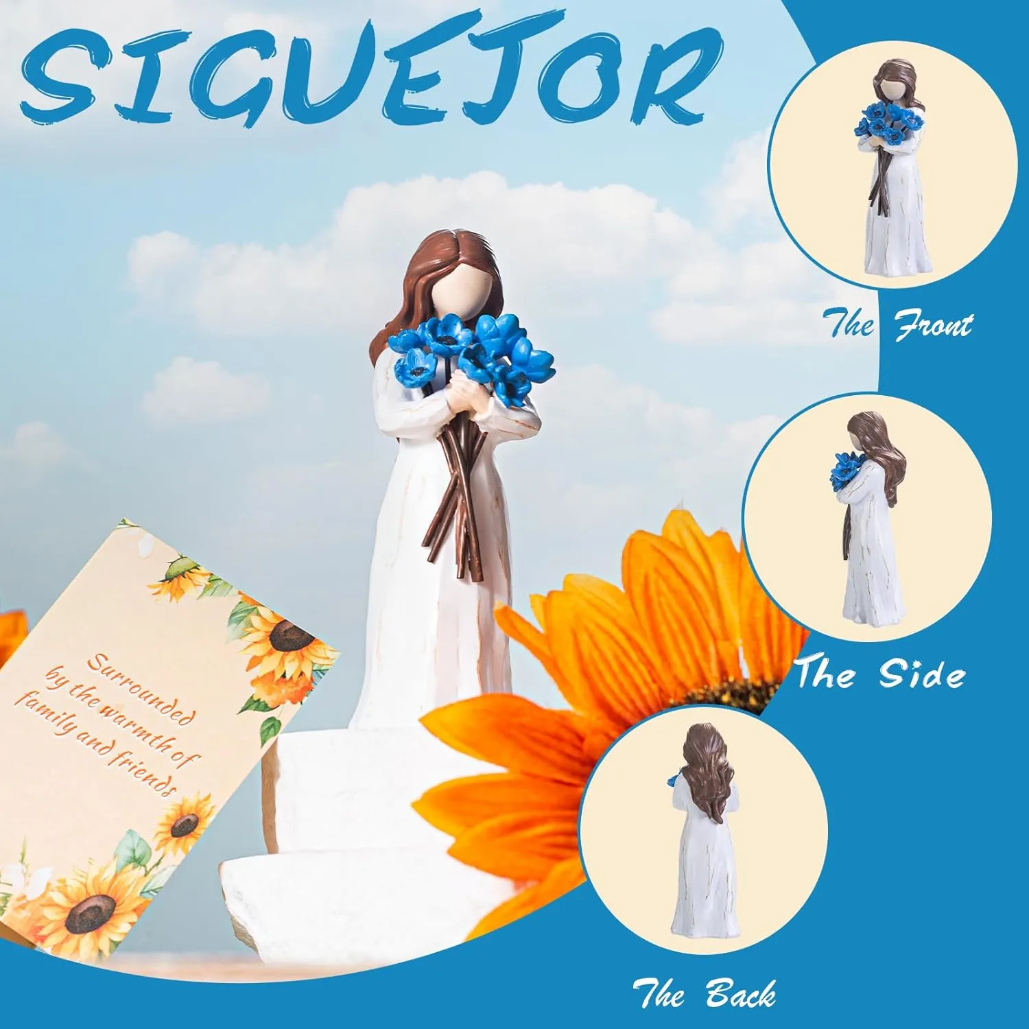 SlGUEJOR Sunflower Gifts for Women,Hand-PaintedResin Sculpture of Woman Holding Sunflowers, A toCelebrate Friendships or for Flower Lovers (Blue)