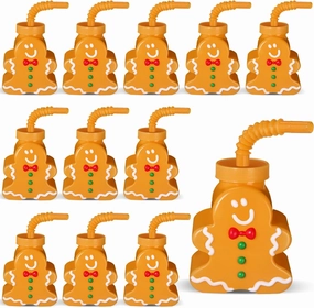 Sliner 12 Pcs Christmas Party Plastic Cups 10 oz Xmas Tree Gingerbread Peppermint Candy Snowflake Cups Gift Set with Lids Straws for Xmas Birthday Party Gifts Supplies(Gingerbread)
