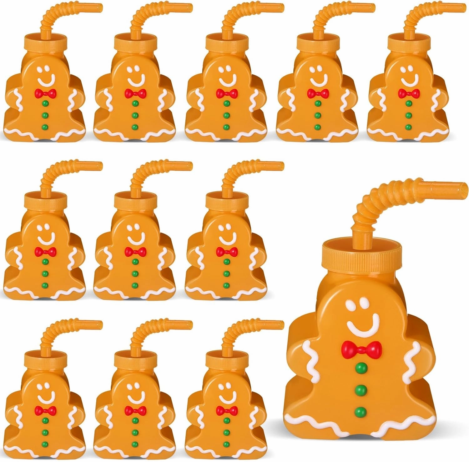 Sliner 12 Pcs Christmas Party Plastic Cups 10 oz Xmas Tree Gingerbread Peppermint Candy Snowflake Cups Gift Set with Lids Straws for Xmas Birthday Party Gifts Supplies(Gingerbread)