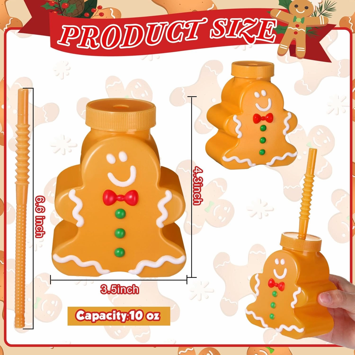 Sliner 24 Pcs Gingerbread Man Cups With Straws and Lids - 10 oz Christmas Reusable Plastic Cups Set for Holiday, Winter, Xmas Gifts, Birthday Party Supplies
