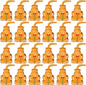 Sliner 24 Pcs Gingerbread Man Cups With Straws and Lids - 10 oz Christmas Reusable Plastic Cups Set for Holiday, Winter, Xmas Gifts, Birthday Party Supplies