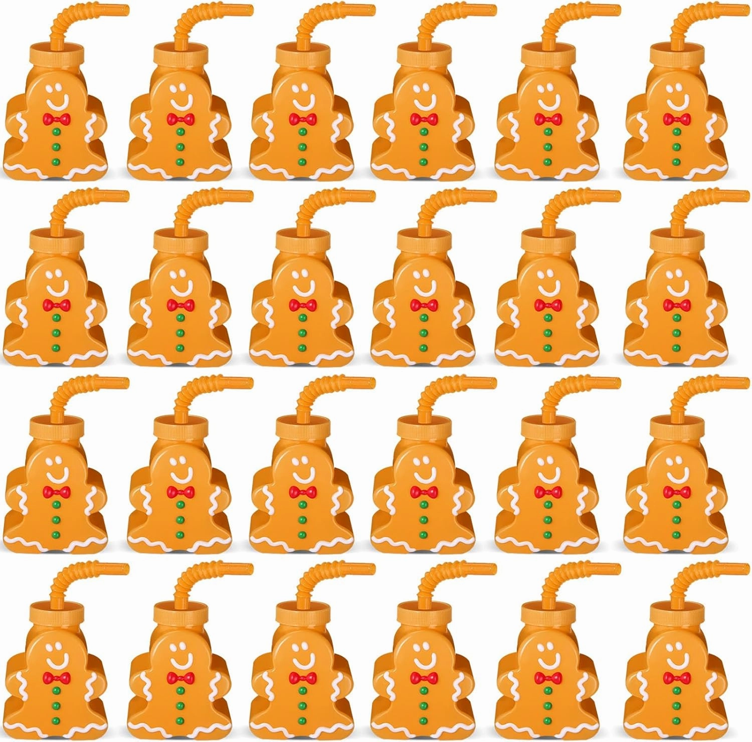Sliner 24 Pcs Gingerbread Man Cups With Straws and Lids - 10 oz Christmas Reusable Plastic Cups Set for Holiday, Winter, Xmas Gifts, Birthday Party Supplies