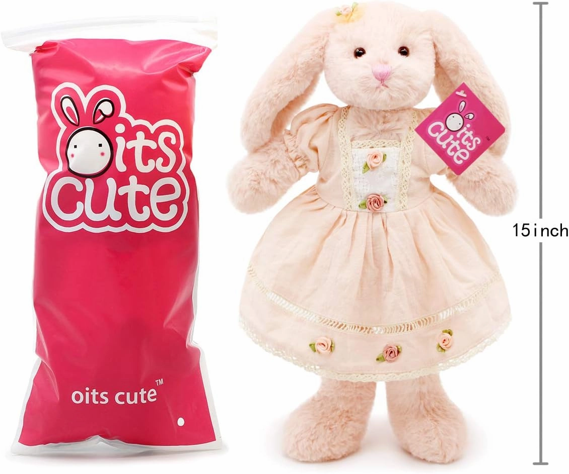 Small Soft Stuffed Animal Bunny Rabbit Plush Toy for Baby Girls 15inch (Pink Rabbit Wearing Pink Vintage Dress)