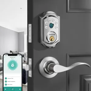 Smart Front Door Lock with Fingerprint: Keyless Entry Door Lock with Handle Set Electronic Digital Deadbolt Keypad Lock Code App Alexa Auto for House Apartment Silver