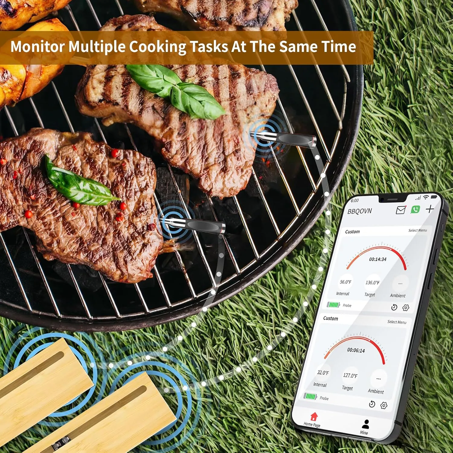 Smart Wireless Meat Thermometer 3.9mm Ultra-Thin 777FT Range Remote Bluetooth Meat Thermometer, Food Thermometer for BBQ Grill, Oven,Smoker Rotisserie | iOS & Andorid APP (1, White, Small)