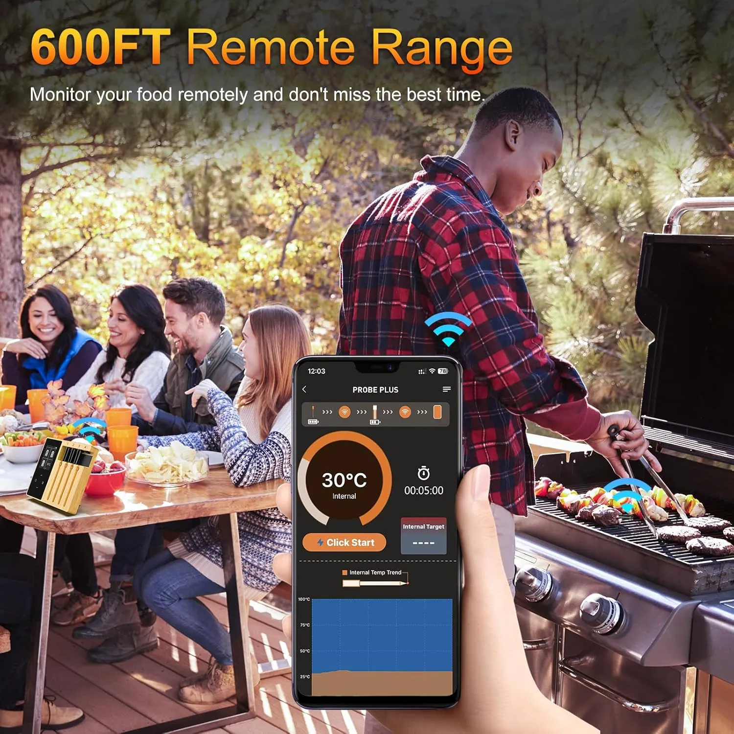 Smart Wireless Meat Thermometer - 4 Ceramics Probes,Upgraded Large Split Screen, Temperature Alert, Long-Range Bluetooth App or Host Control for iOS & Android, Perfect for BBQ, Oven, Grill, Kitchen