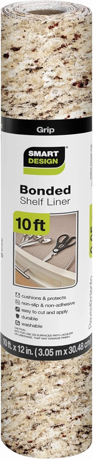 Smart Design Bonded Grip Shelf Liner - 12 Inch x 10 Feet - Non Adhesive, Strong Grip Bottom, Easy Clean Kitchen Drawer, Cabinet, Cupboard Dresser Protector Cover, Non Slip Rubber Mat - Desert Granite