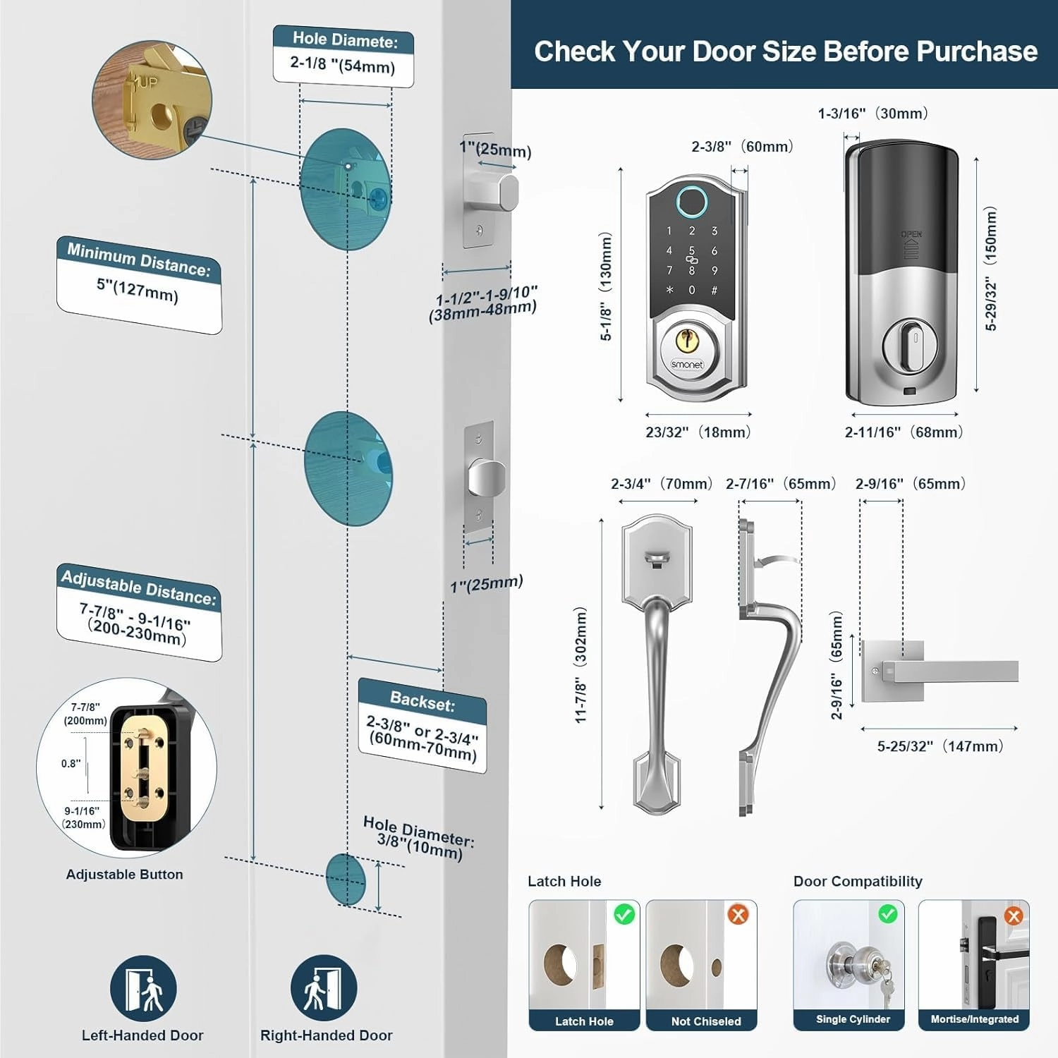 Smart Front Door Lock Set: SMONET Keyless Entry Door Lock with Handle, Front Handle Set Fingerprint Smart Deadbolt Bluetooth Electronic Digital Keypad, Alexa Unlock Silver
