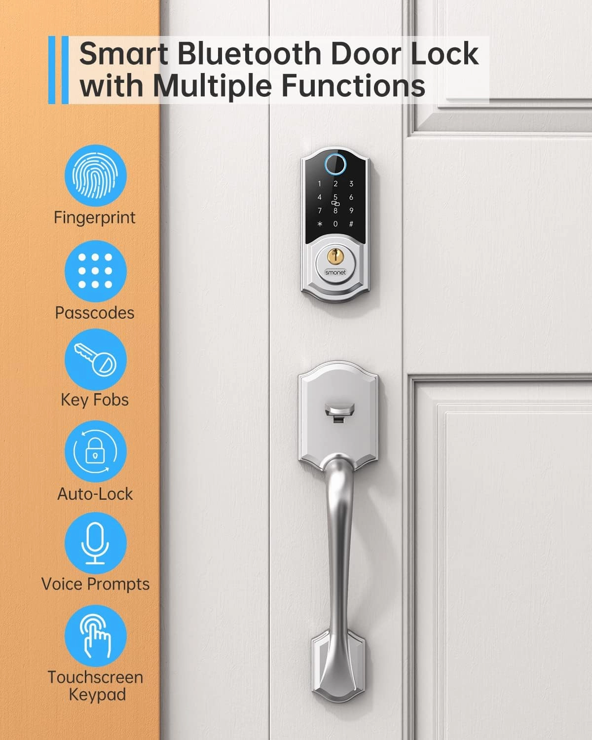 Smart Front Door Lock Set: SMONET Keyless Entry Door Lock with Handle, Front Handle Set Fingerprint Smart Deadbolt Bluetooth Electronic Digital Keypad, Alexa Unlock Silver