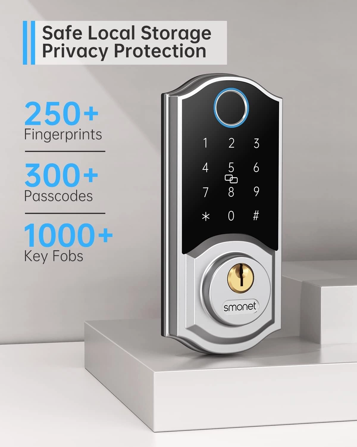 Smart Front Door Lock Set: SMONET Keyless Entry Door Lock with Handle, Front Handle Set Fingerprint Smart Deadbolt Bluetooth Electronic Digital Keypad, Alexa Unlock Silver