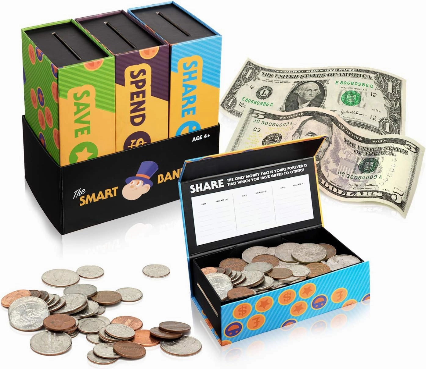 Smart Piggy Bank Trio Set for Kids- 3-in-1 Novelty, Money-Wise Educational Toy for Boys   Girls-Learn About Spending, Saving, Sharing- Large   Unisex Colorful Designs- Perfect Birthday