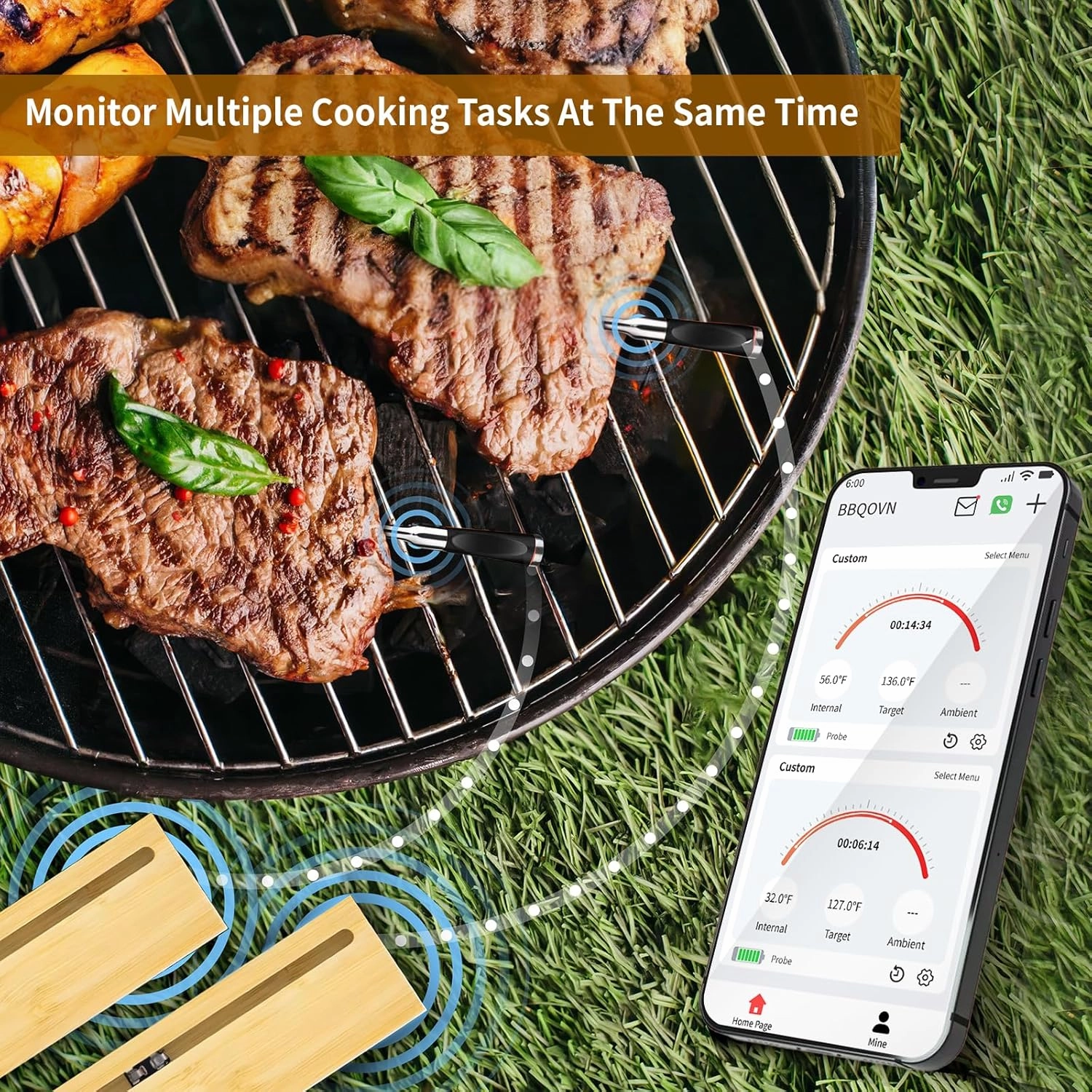 Smart Wireless Meat Thermometer No Wire with APP 777FT Range 0.15 Inch Diameter(Unique) Ultra-Thin Bluetooth Food Thermometer for Remote Monitoring of BBQ Grill, Oven,Smoker(2, Black, Small)
