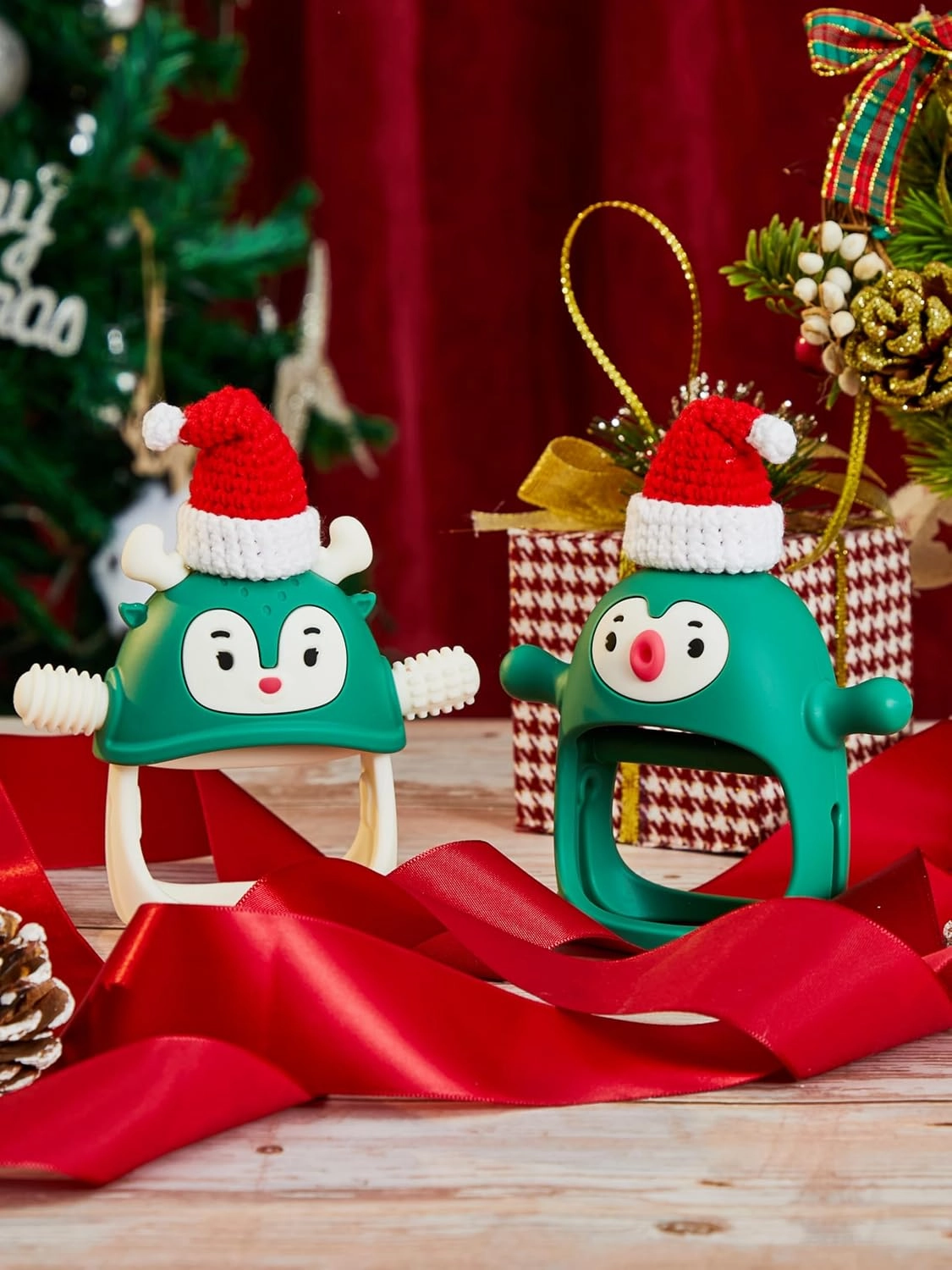 Smily Mia Baby Christmas Stocking Stuffers - Penguin Teether for 0-6M, Reindeer Chew Toys for 3-6M, Teething Mittens for 6-12M, Pine Green
