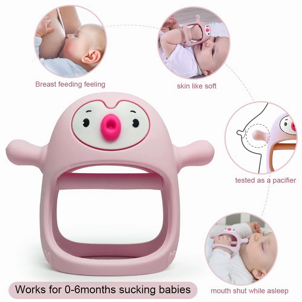 Smily Mia Teething Toys for Babies 0-12 Months, Penguin and Reindeer Baby Gift Set, Chew Toys 3M , Hand Teether Set, Light Pink