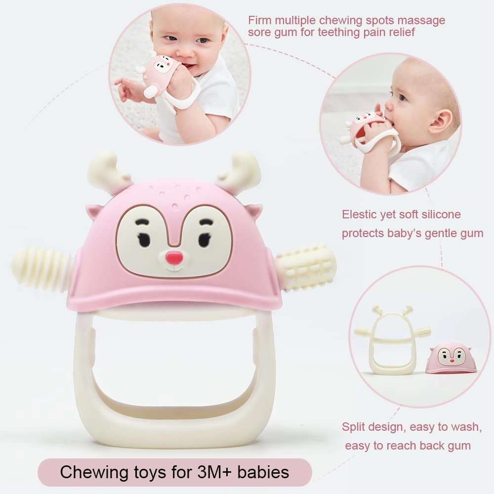 Smily Mia Teething Toys for Babies 0-12 Months, Penguin and Reindeer Baby Gift Set, Chew Toys 3M , Hand Teether Set, Light Pink