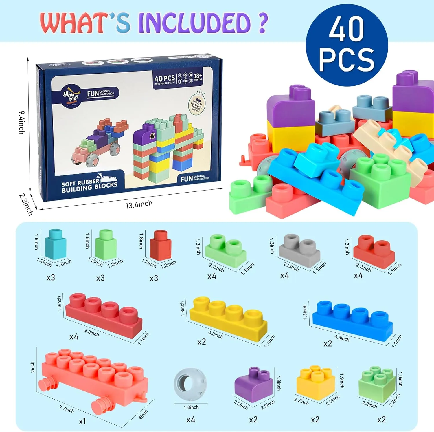 Soft Building Blocks for Toddlers, Large Building Blocks Stacking Blocks for Babies 6 Months and Up Stem Toddler Gifts, Teething Toys, 40 PCS
