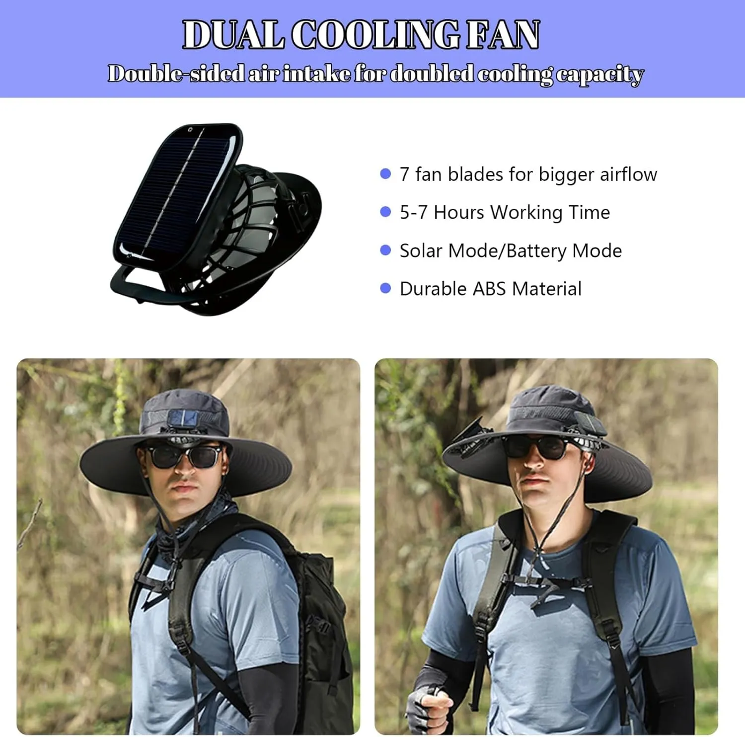 Solar Powered Outdoor Fishing Hat with Double Fans, Solar Powered Fanhat, Men's Wide Brim Solar Fan Outdoor Fishing Hat
