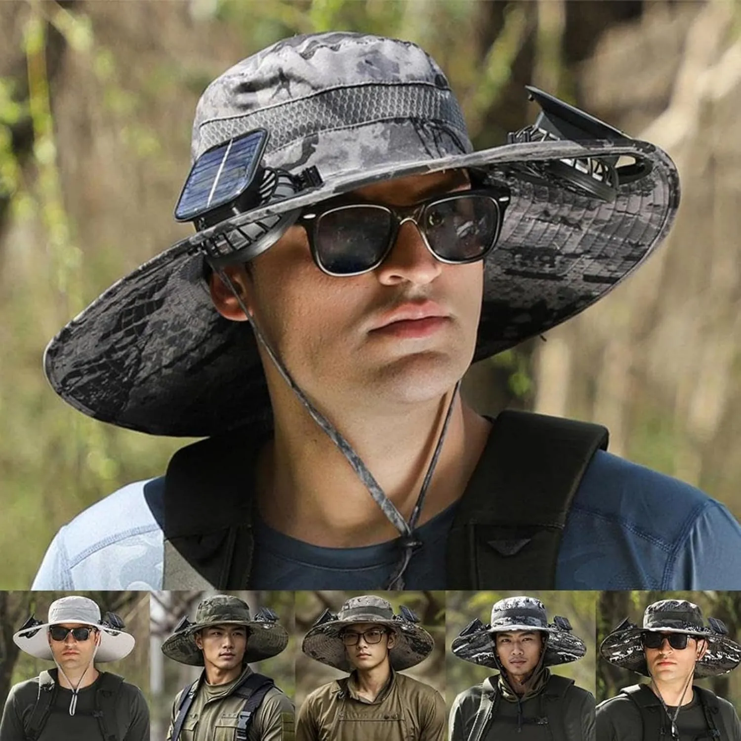 Solar Powered Outdoor Fishing Hat with Double Fans, Solar Powered Fanhat, Men's Wide Brim Solar Fan Outdoor Fishing Hat
