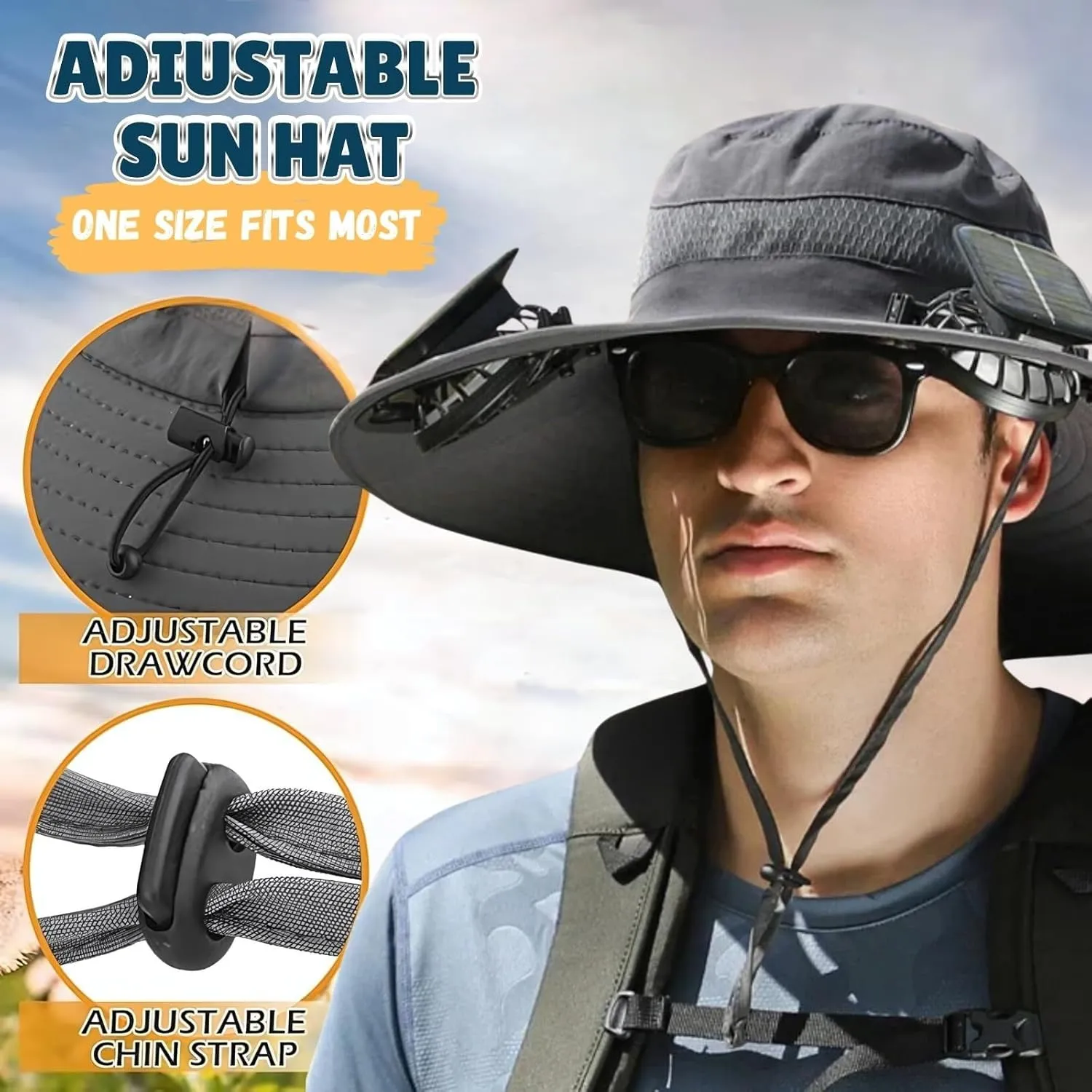 Solar Powered Outdoor Fishing Hat with Double Fans, Solar Powered Fanhat, Men's Wide Brim Solar Fan Outdoor Fishing Hat