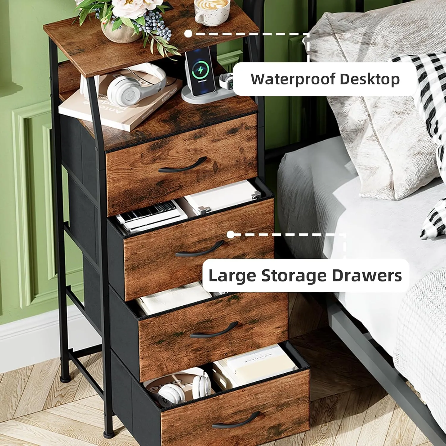 Somdot Tall Nightstand with Charging Station and LED Light for Bedroom, 4 Drawers Dresser with Fabric Bins for Bedside Kids Dorm Room Closet Laundry Entryway, Wood Grain Print