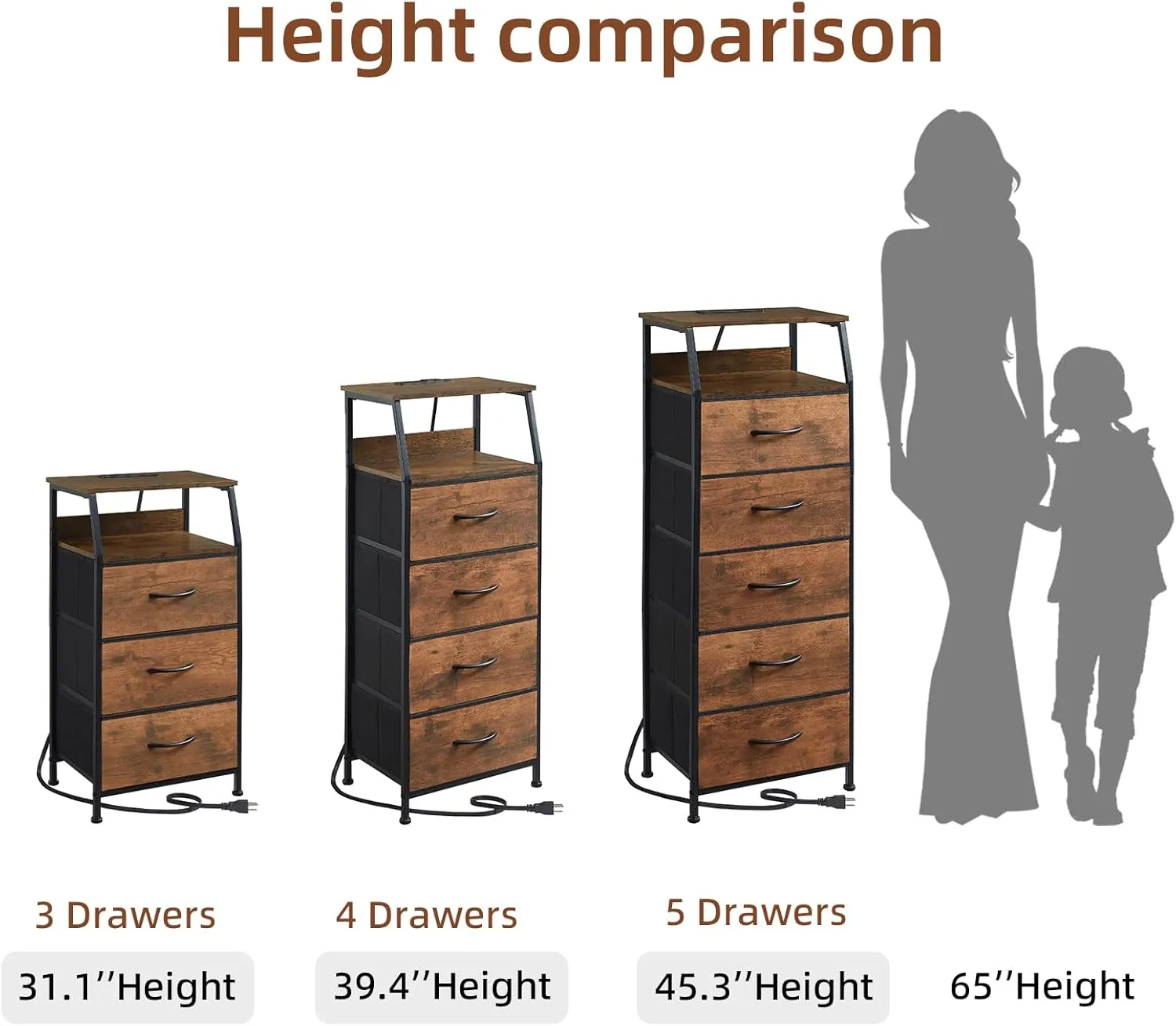 Somdot Tall Nightstand with Charging Station and LED Light for Bedroom, 4 Drawers Dresser with Fabric Bins for Bedside Kids Dorm Room Closet Laundry Entryway, Wood Grain Print