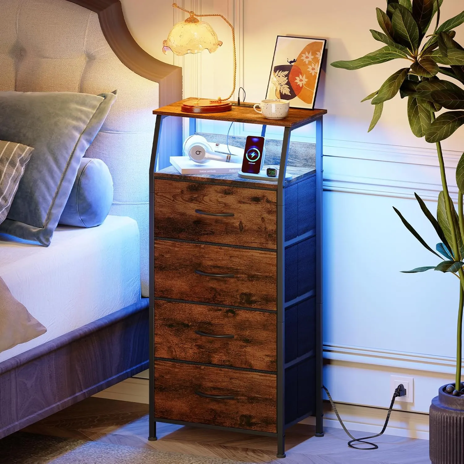Somdot Tall Nightstand with Charging Station and LED Light for Bedroom, 4 Drawers Dresser with Fabric Bins for Bedside Kids Dorm Room Closet Laundry Entryway, Wood Grain Print