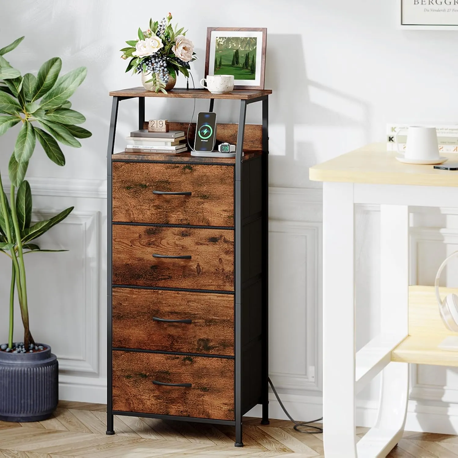 Somdot Tall Nightstand with Charging Station and LED Light for Bedroom, 4 Drawers Dresser with Fabric Bins for Bedside Kids Dorm Room Closet Laundry Entryway, Wood Grain Print