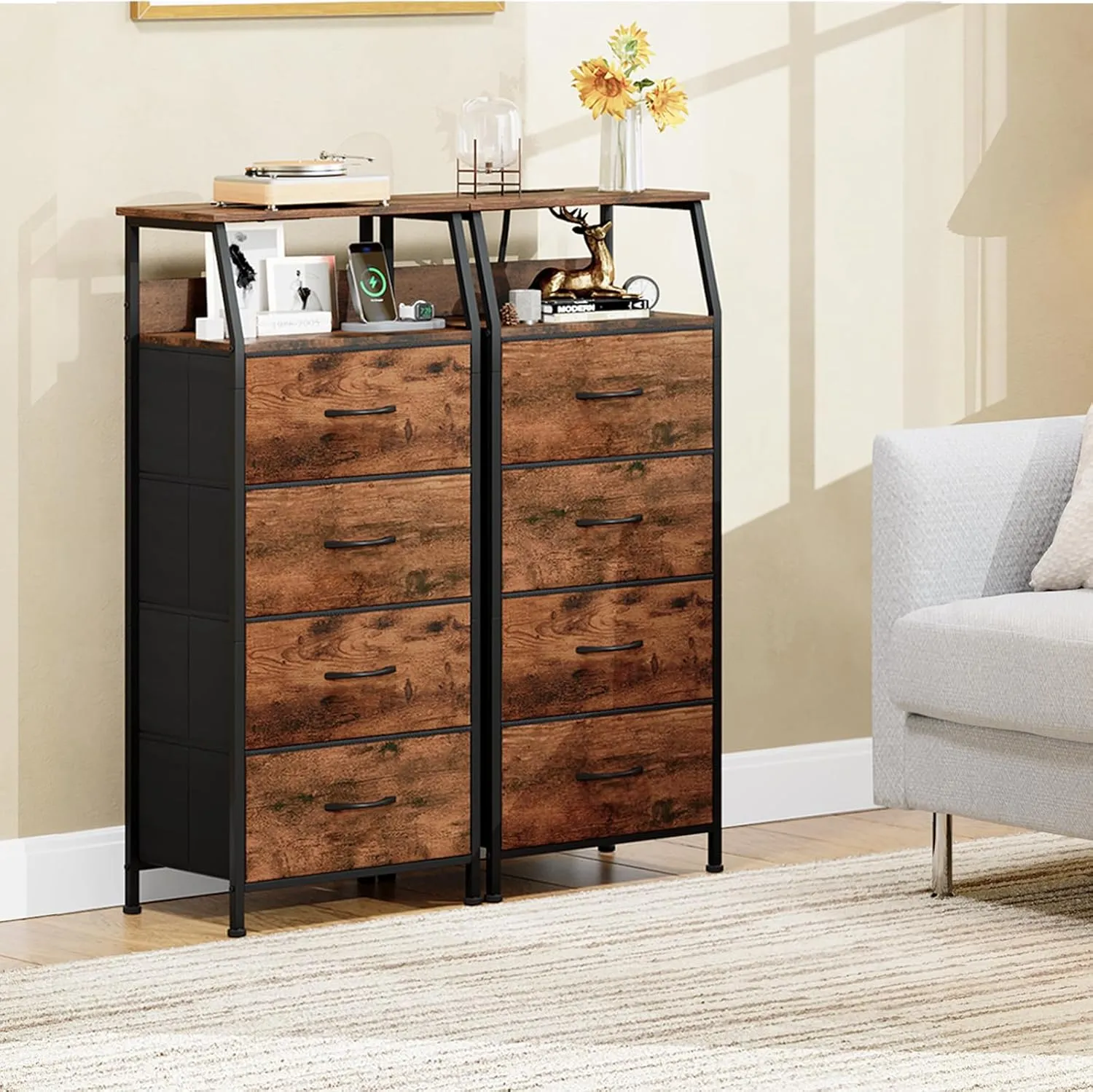 Somdot Tall Nightstand with Charging Station and LED Light for Bedroom, 4 Drawers Dresser with Fabric Bins for Bedside Kids Dorm Room Closet Laundry Entryway, Wood Grain Print