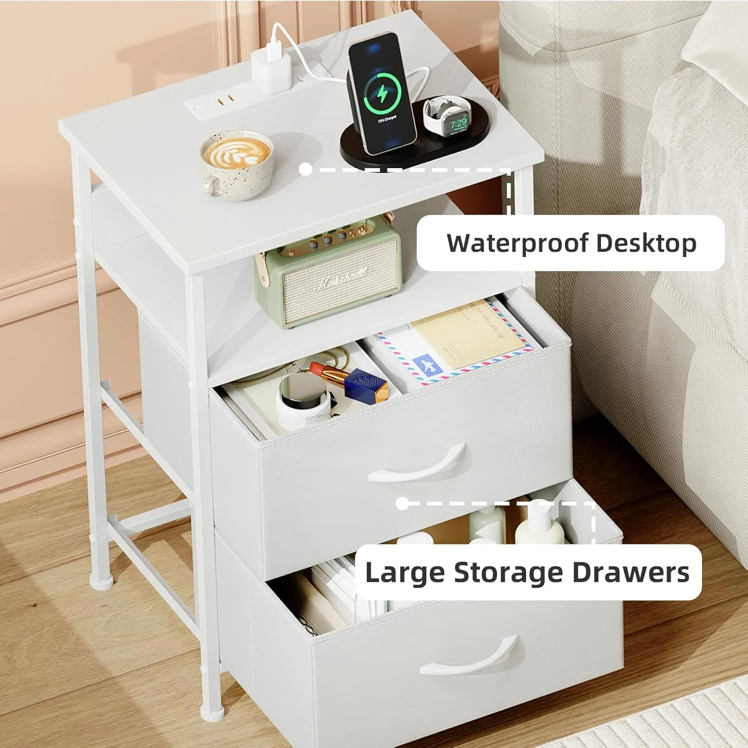 Somdot White Nightstand with Charging Station and LED Light for Bedroom, 2 Drawers Dresser with Fabric Bins for Bedside Kids Dorm Room Closet Laundry Entryway, White Leather