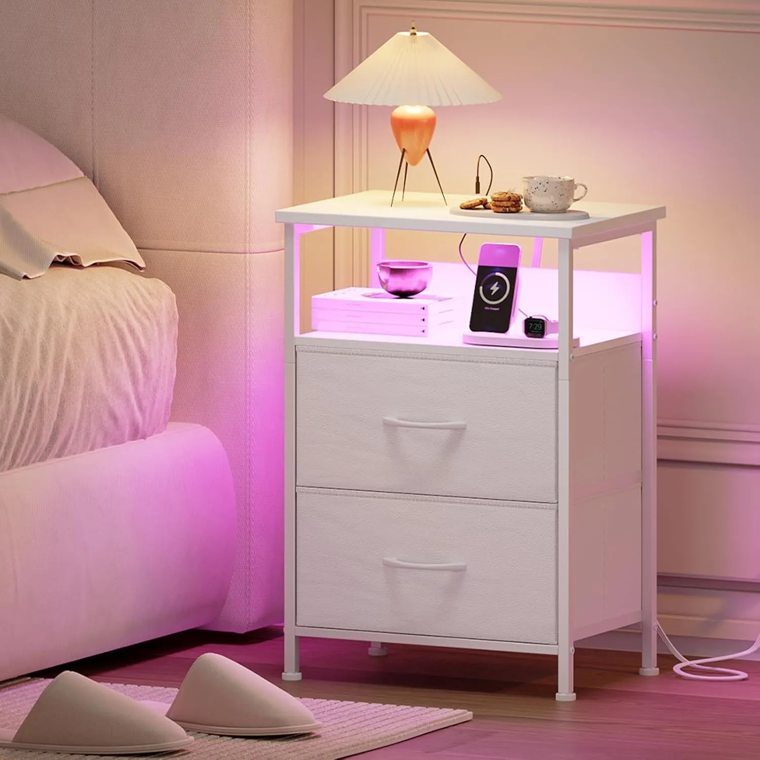 Somdot White Nightstand with Charging Station and LED Light for Bedroom, 2 Drawers Dresser with Fabric Bins for Bedside Kids Dorm Room Closet Laundry Entryway, White Leather