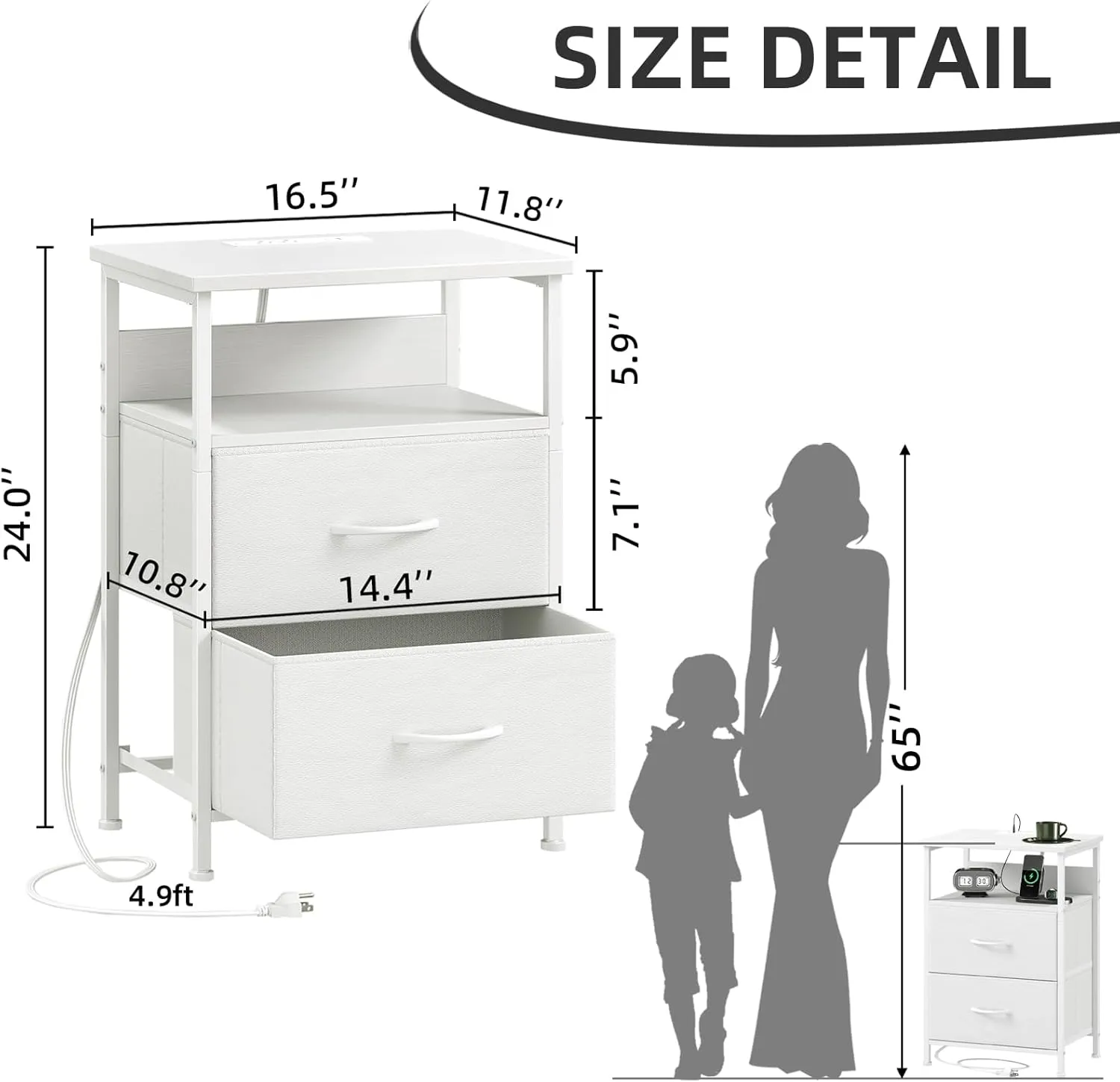 Somdot White Nightstand with Charging Station and LED Light for Bedroom, 2 Drawers Dresser with Fabric Bins for Bedside Kids Dorm Room Closet Laundry Entryway, White Leather