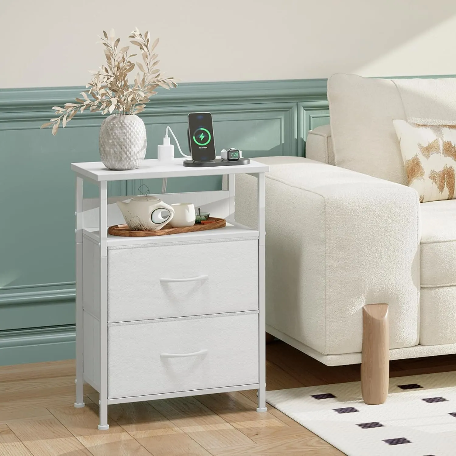 Somdot White Nightstand with Charging Station and LED Light for Bedroom, 2 Drawers Dresser with Fabric Bins for Bedside Kids Dorm Room Closet Laundry Entryway, White Leather