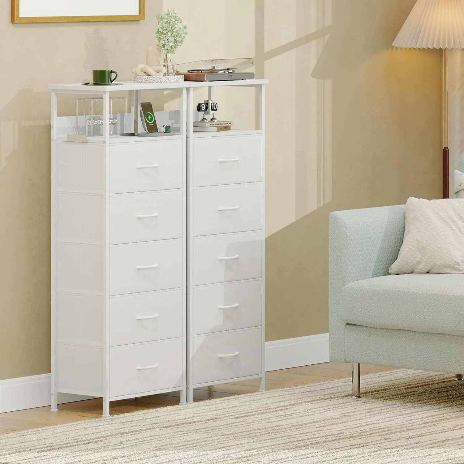 Somdot White Nightstand with Charging Station and LED Light for Bedroom, Tall 5 Drawers Dresser with Fabric Bins for Bedside Kids Dorm Room Closet Laundry Entryway, White Leather