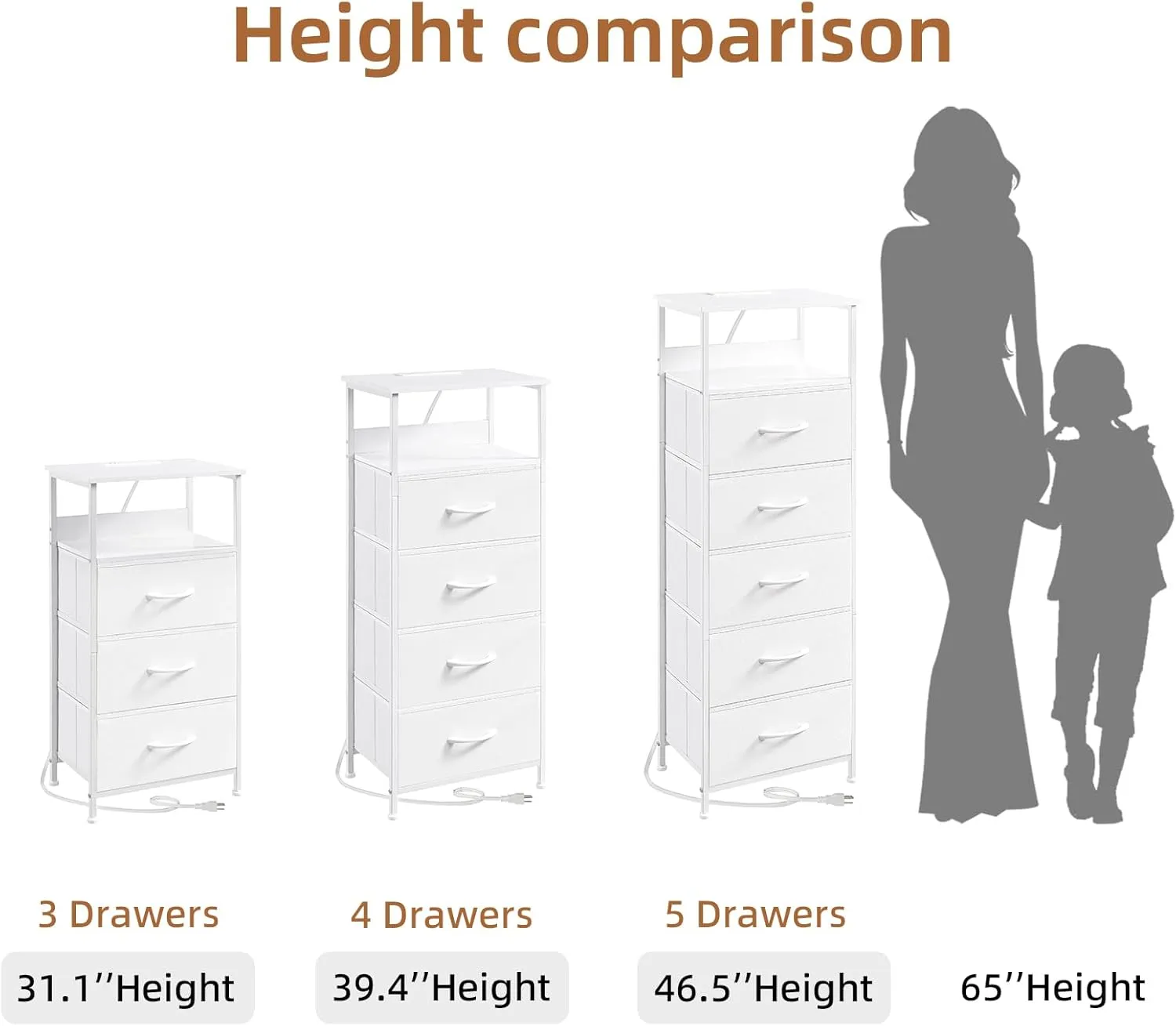 Somdot White Nightstand with Charging Station and LED Light for Bedroom, Tall 5 Drawers Dresser with Fabric Bins for Bedside Kids Dorm Room Closet Laundry Entryway, White Leather