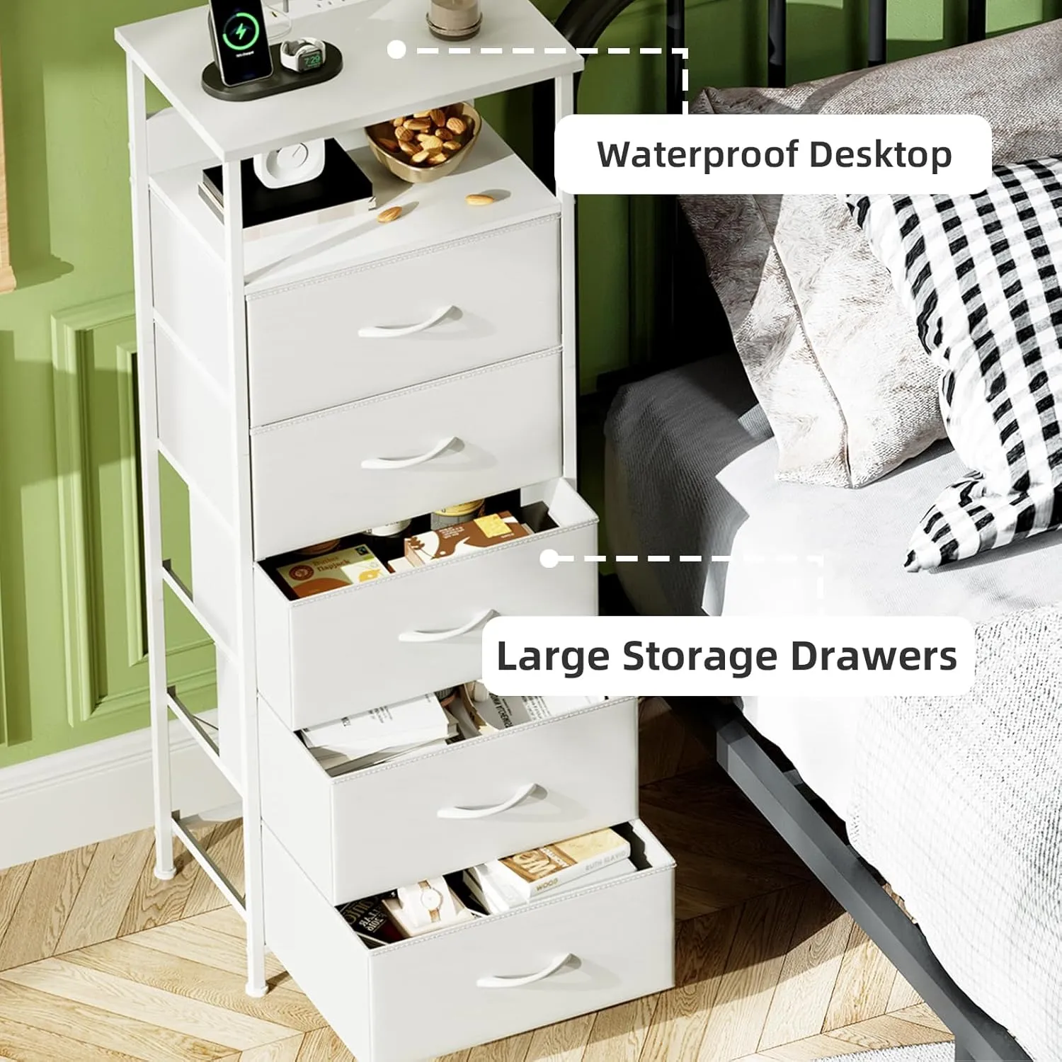 Somdot White Nightstand with Charging Station and LED Light for Bedroom, Tall 5 Drawers Dresser with Fabric Bins for Bedside Kids Dorm Room Closet Laundry Entryway, White Leather