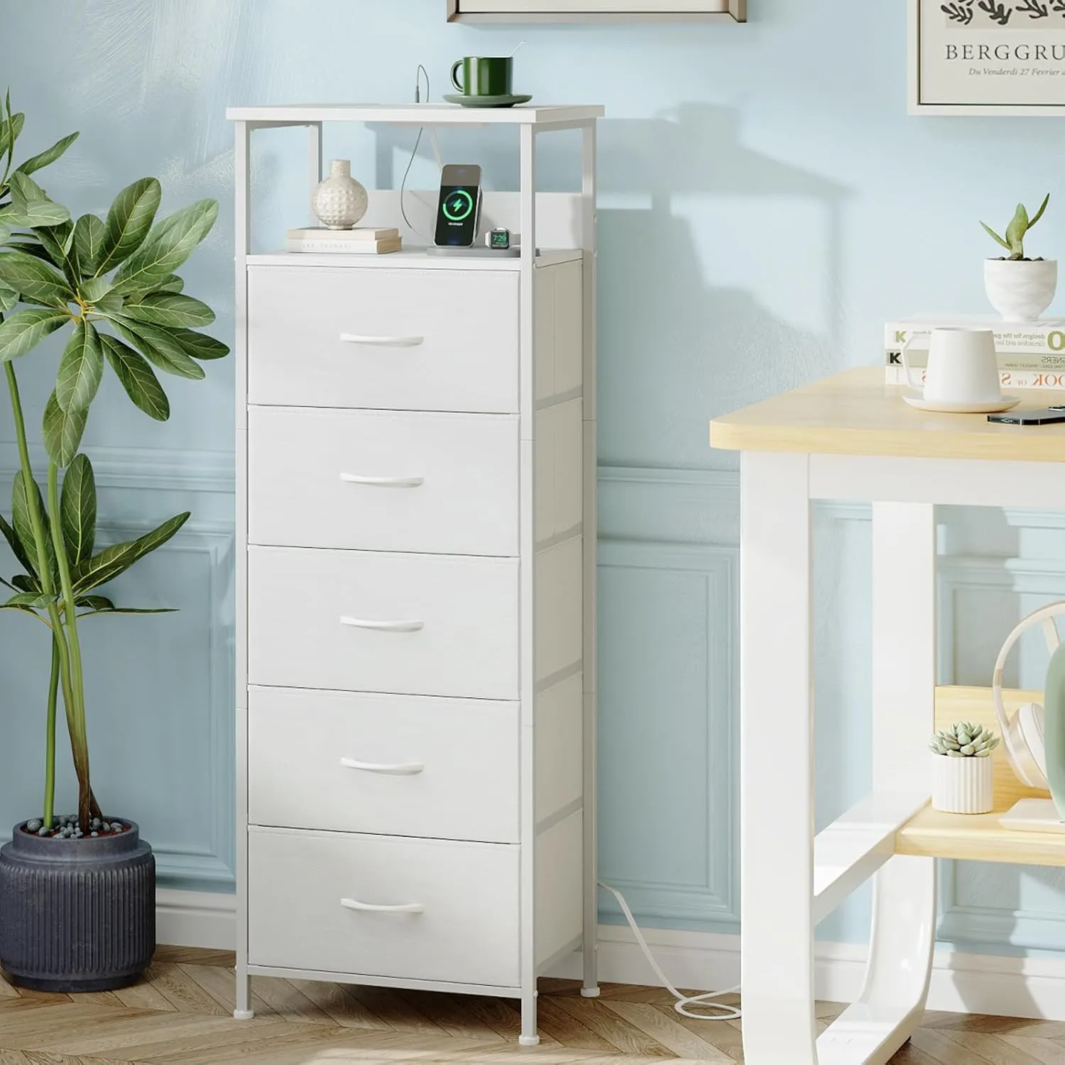 Somdot White Nightstand with Charging Station and LED Light for Bedroom, Tall 5 Drawers Dresser with Fabric Bins for Bedside Kids Dorm Room Closet Laundry Entryway, White Leather