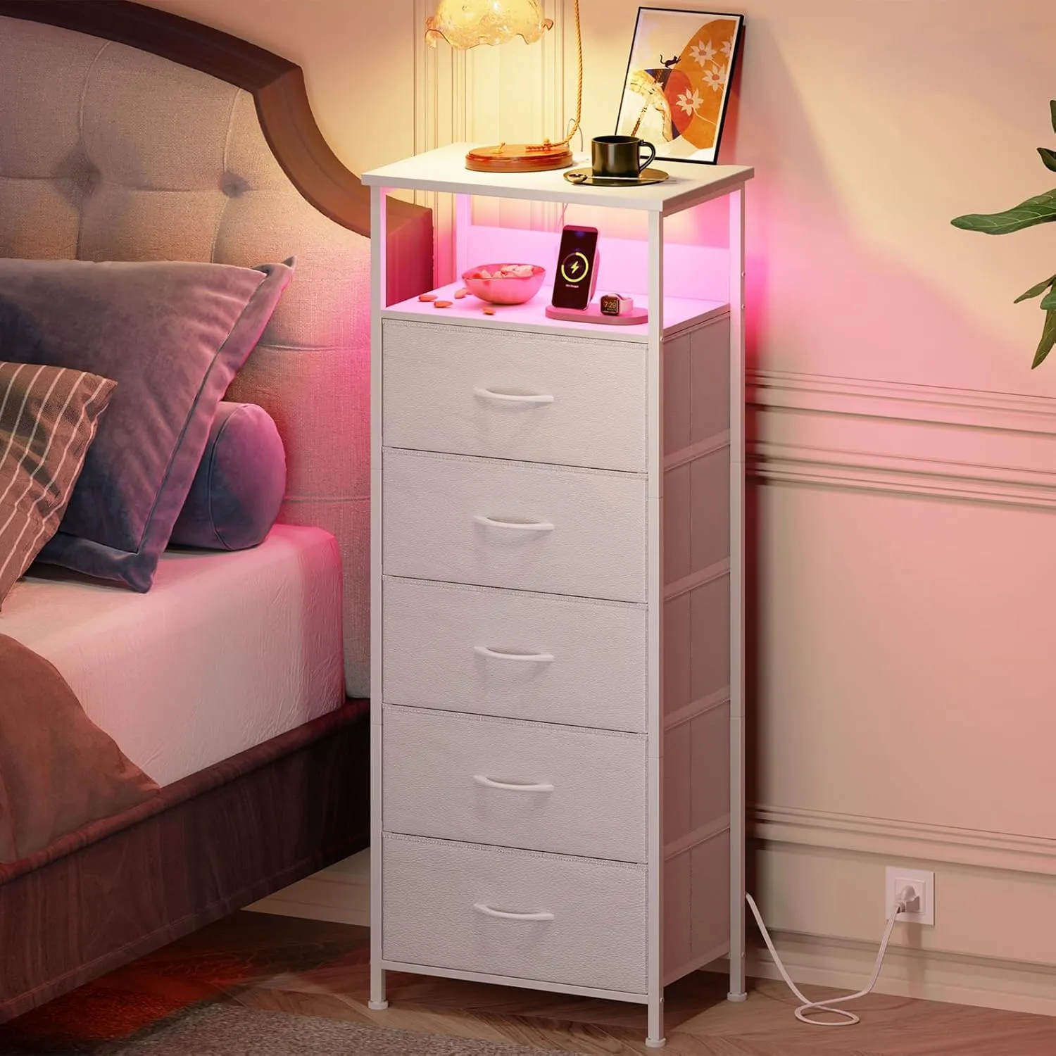Somdot White Nightstand with Charging Station and LED Light for Bedroom, Tall 5 Drawers Dresser with Fabric Bins for Bedside Kids Dorm Room Closet Laundry Entryway, White Leather